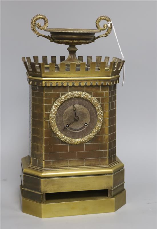 A French silk suspension bronze castellated novelty clock
